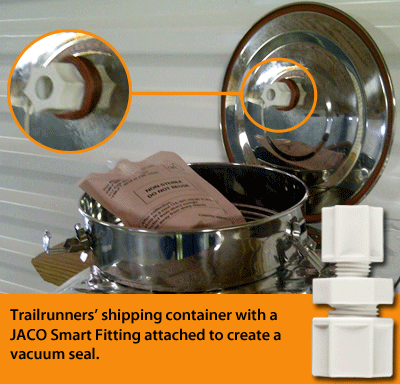 Trailrunners' shipping container with a JACO Smart Fitting attached to create a vacuum seal